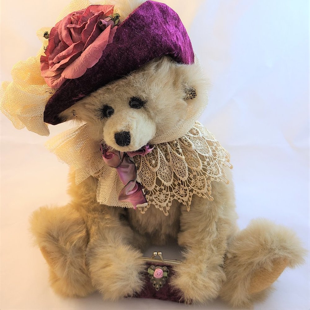 Edwardian Teddy Bear Velvet Hat Flowers Lace